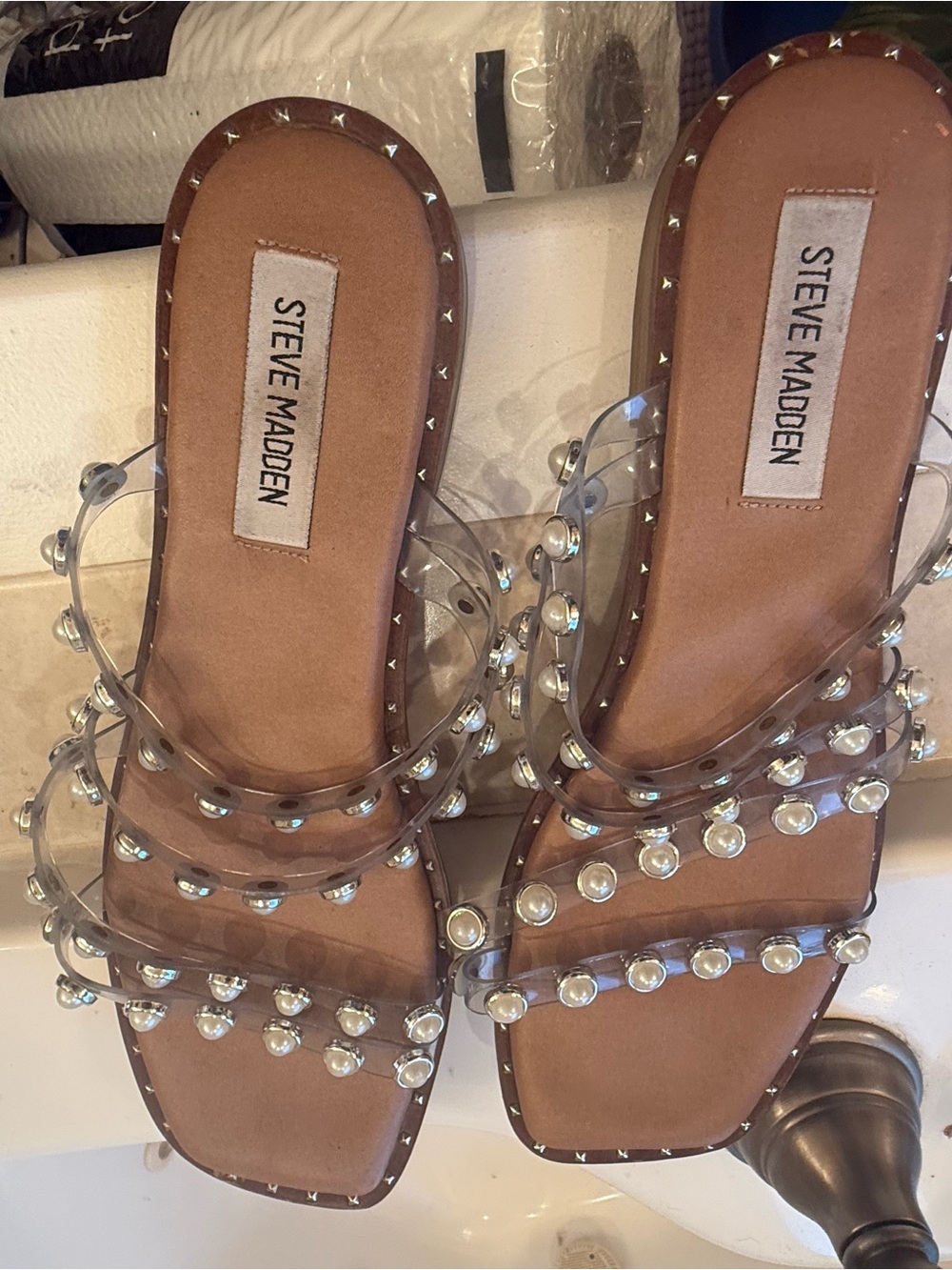 Steve Madden Clear Pearl-Studded Slide Sandals with Tan Footbed